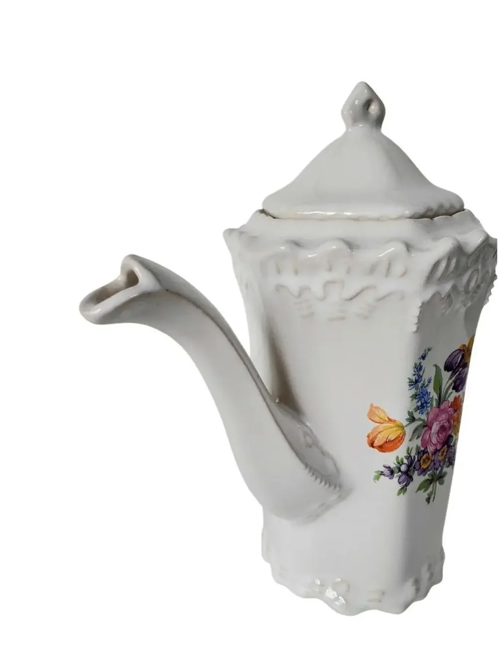 Antique Porcelain Coffee pot/Teapot Embossed Floral 3d Lace Marked With Lid